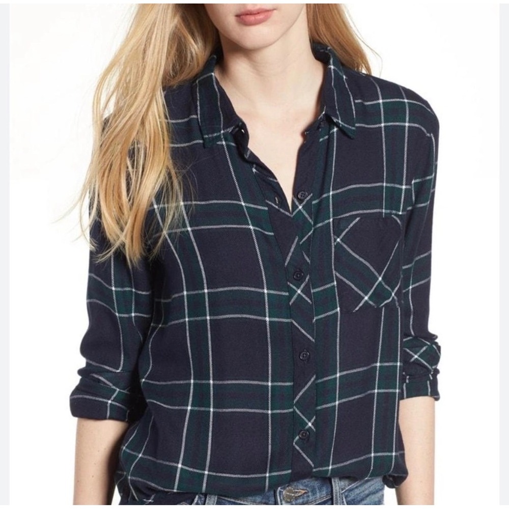 RAILS Hunter Plaid Button Down Shirt Midnight Forest White Rayon Women Small